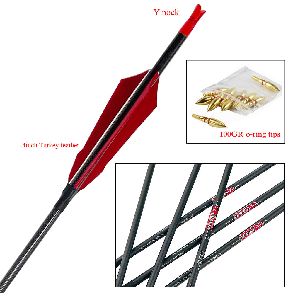 12-Pack 3k Carbon Arrow Spine500 32inch ID6.2mm with 4inch Turkey Feather Y Nock Compound