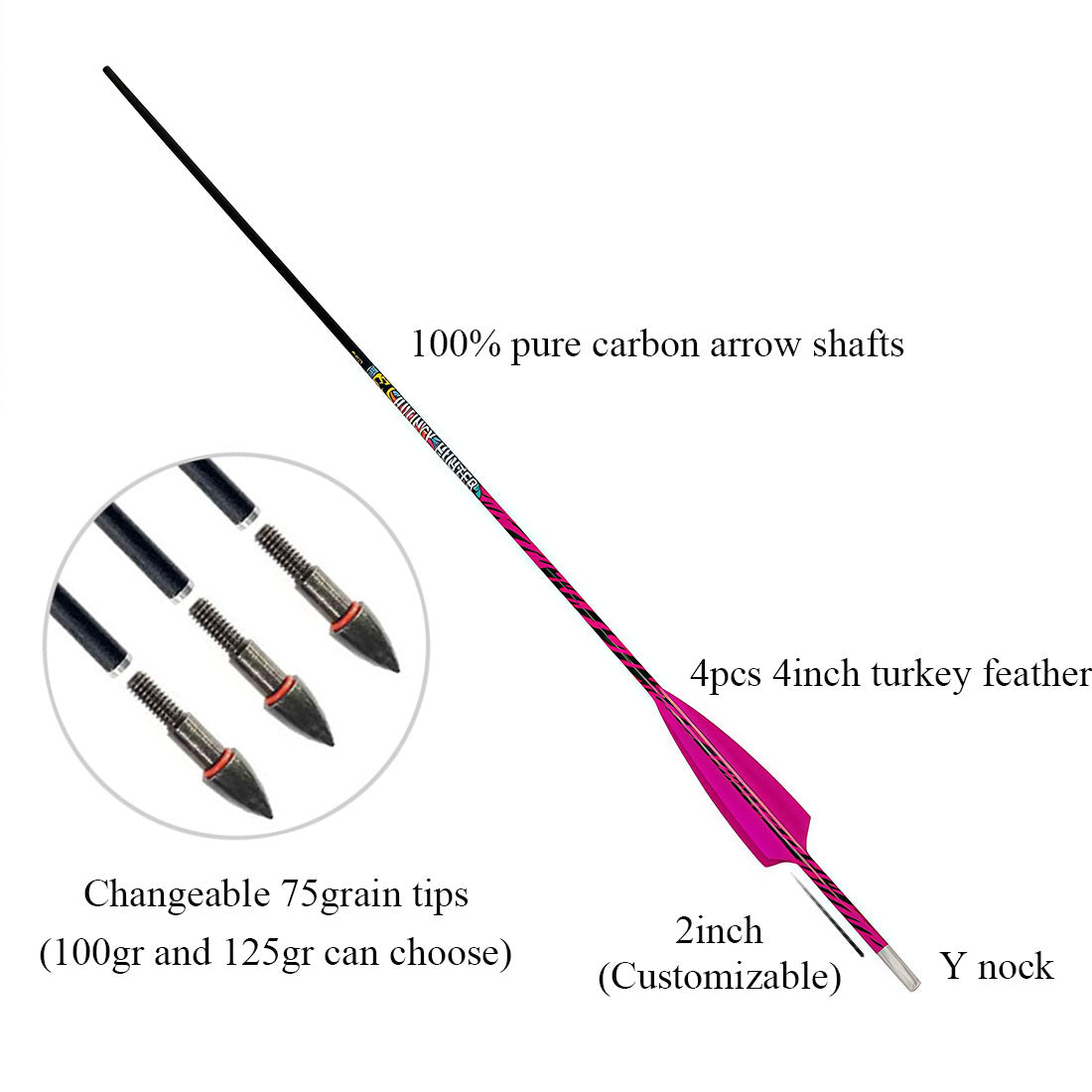 12-Pack Carbon Pink Arrows Spine 300 340 500 75gr Point Tips 4-Pack 4inch Feather