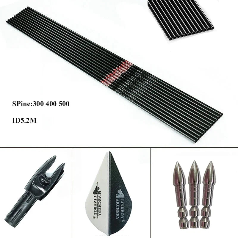 12-Pack Carbon Arrows Spine300 400 500 ID5.2mm 80gr Tips Traditional Compound Bow