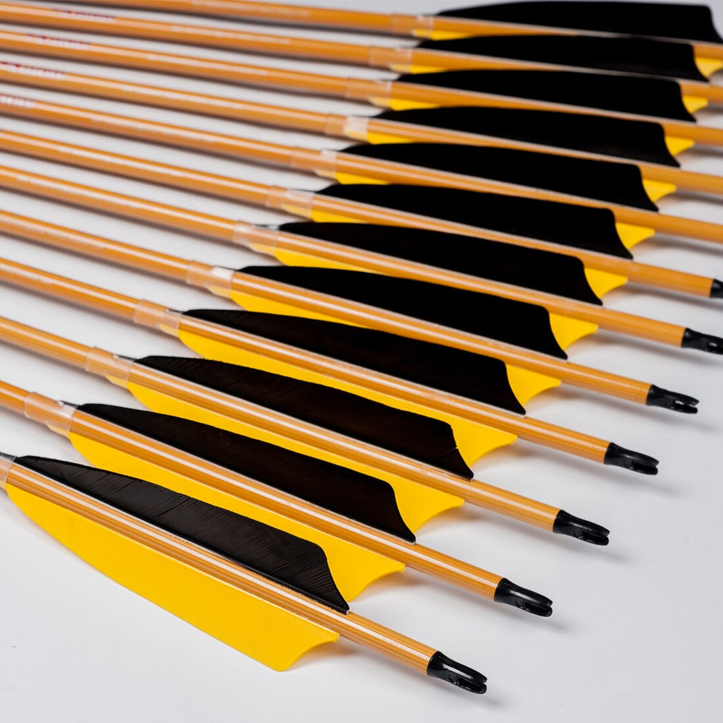 12-Pack Bamboo Skin Carbon Arrows ID6.2mm, Spine 300-800, 3×5" Ring Wing Vanes, 75gr Tips