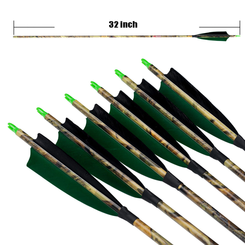 12-Pack Carbon Camo Green Arrow ID6.2mm Sp300-600 5inch Turkey Feather 75gr Tips Compound Traditional