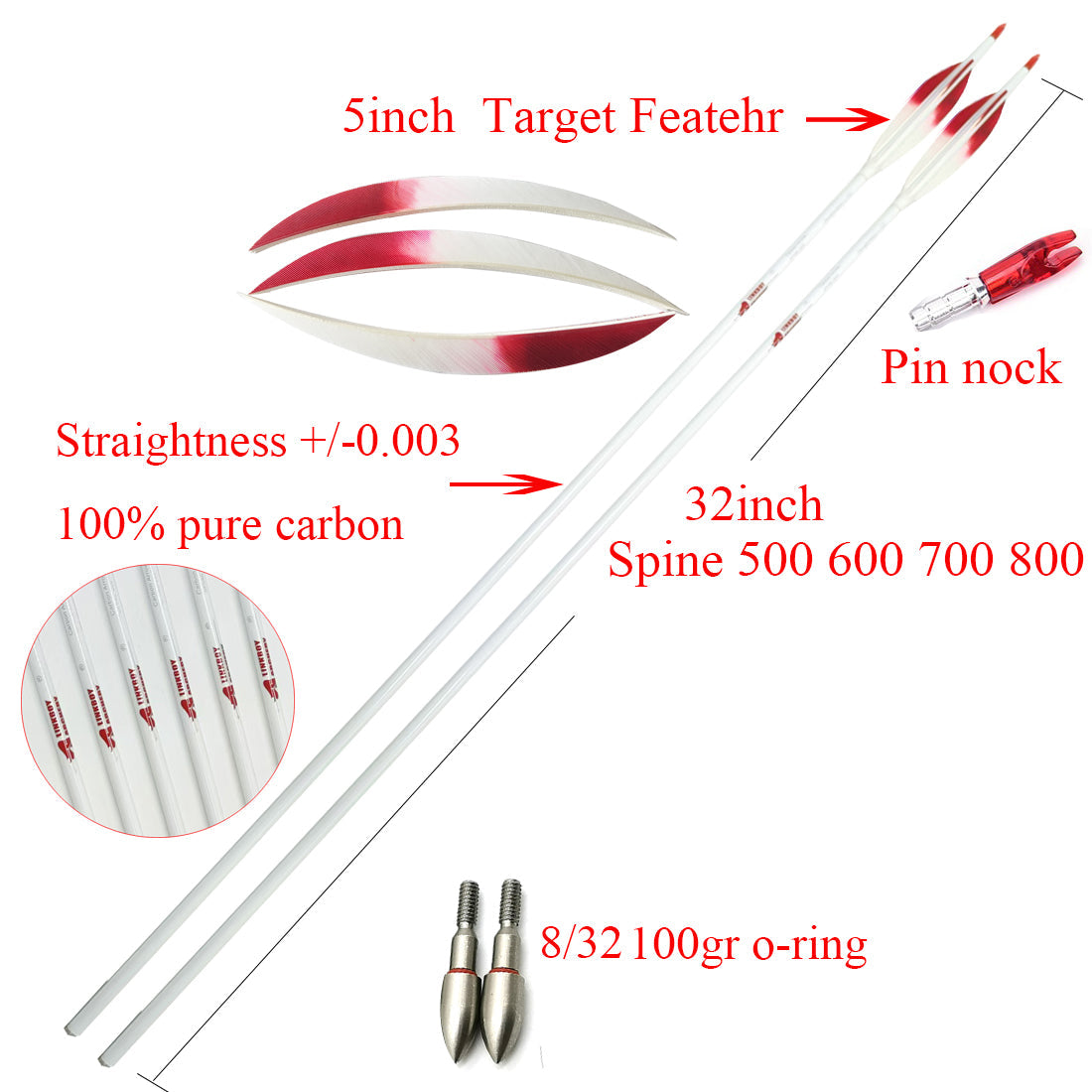 12-Pack Pure Carbon ID6.2mm Spine400-800 30/32inch 5inch Target Feather 100gr Tips Bow