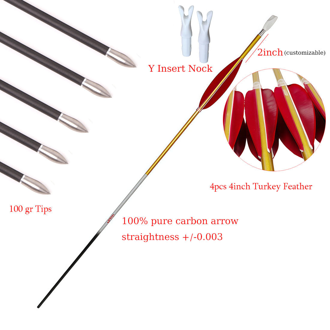 12-Pack Id6.2mm Gold Carbon Arrows 4-Pack 4inch Target, Shuttle Feather Y Insert Nock