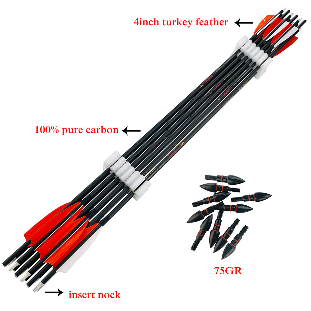 Pure Carbon Fiber 30/32 Inches Turkey Feather Spine300-1000 Black Color Arrows for Target