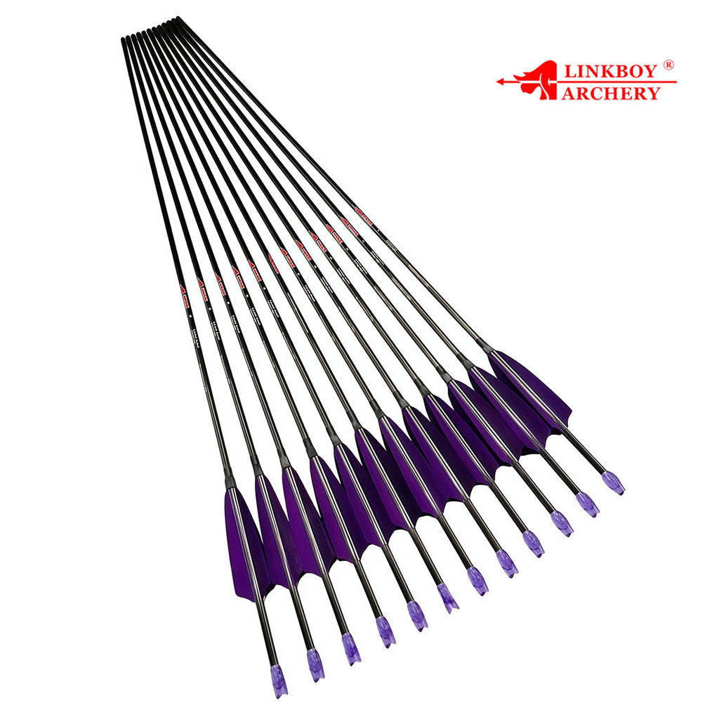 12-Pack Pure Carbon Arrow ID6.2mm 4inch Turkey Feather Fast Nock 100gr Tips Compound Traditional