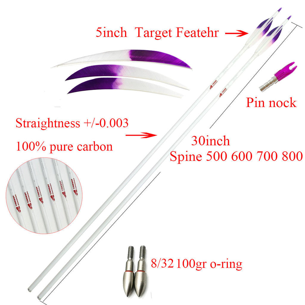 12-Pack Pure Carbon ID6.2mm Spine400-800 30/32inch 5inch Target Feather 100gr Tips Bow
