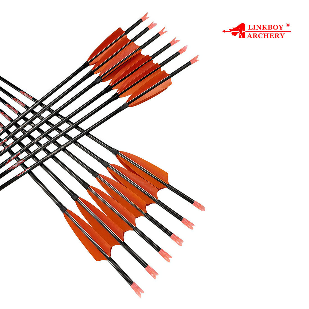 12-Pack Pure Carbon Arrow ID6.2mm 4inch Turkey Feather Fast Nock 100gr Tips Compound Traditional