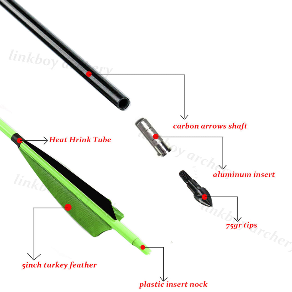 12-Pack Carbon Arrow ID6.2mm Spine300-1000 5inch Turkey Feather Nock Compound Recurve Bow Arrows