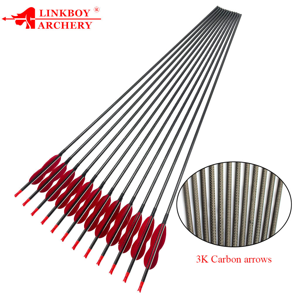 12-Pack 3k Carbon Arrow Spine500 32inch ID6.2mm with 4inch Turkey Feather Y Nock Compound