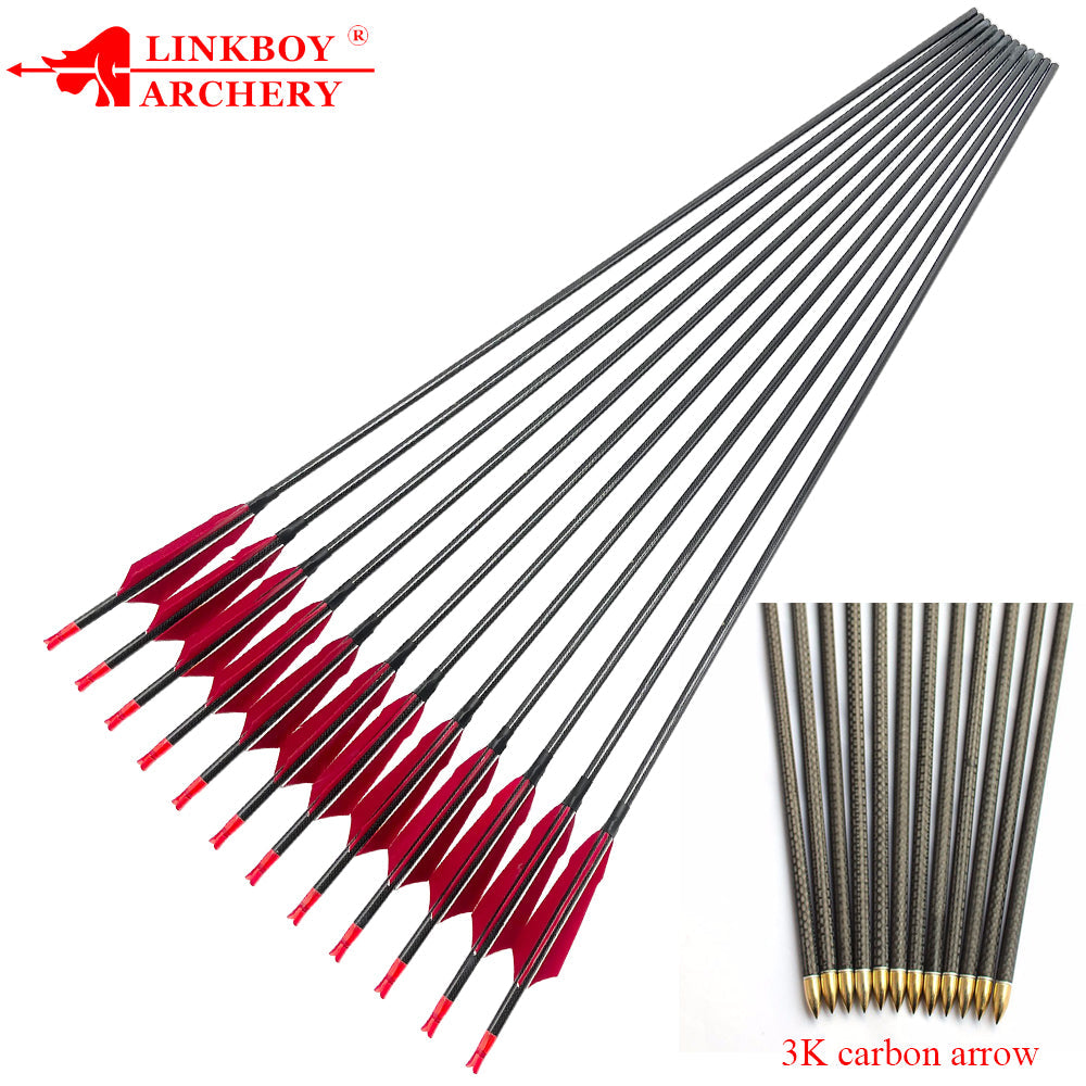 12-Pack 3k Carbon Arrow Spine500 32inch ID6.2mm with 4inch Turkey Feather Y Nock Compound