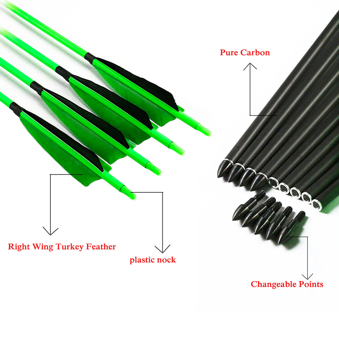 12-Pack Carbon Arrow ID6.2mm Spine300-1000 5inch Turkey Feather Nock Compound Recurve Bow Arrows