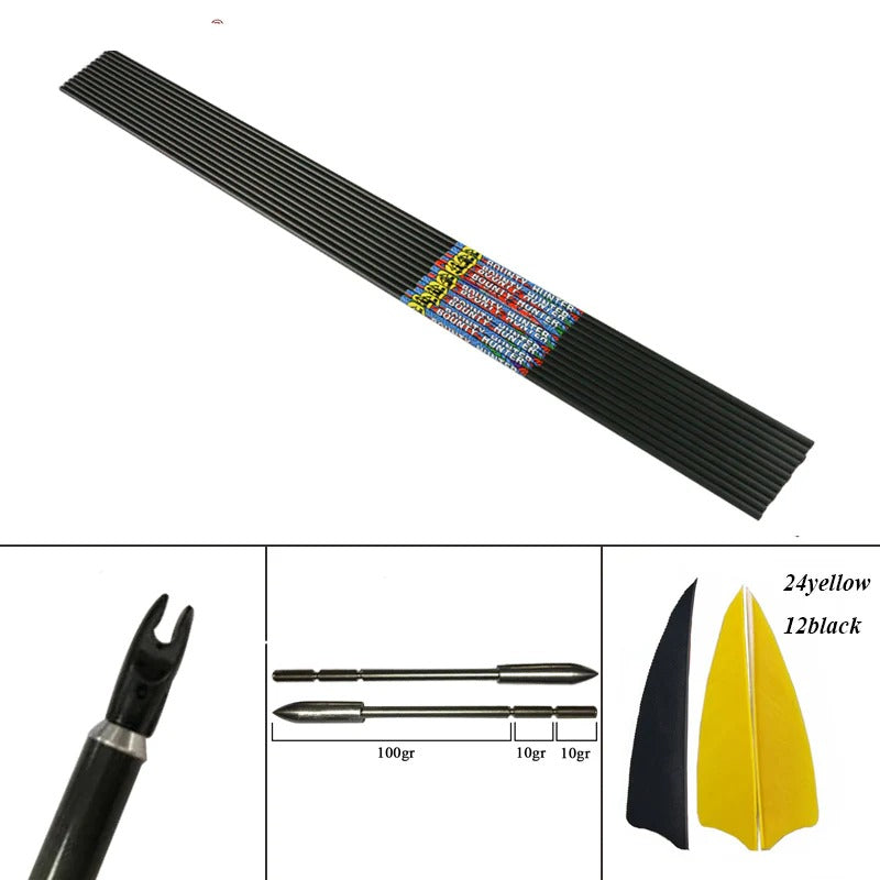 12-Pack Carbon Arrows ID3.2mm Shaft 32" 120 Gr Tips Pin Nocks 3inch Turkey Vanes