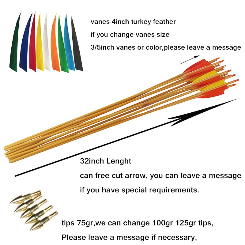 12-Pack Carbon Arrow Bamboo Skin Shafts Spine300-900 ID6.2mm 4'' Turkey Vane Traditional Bow