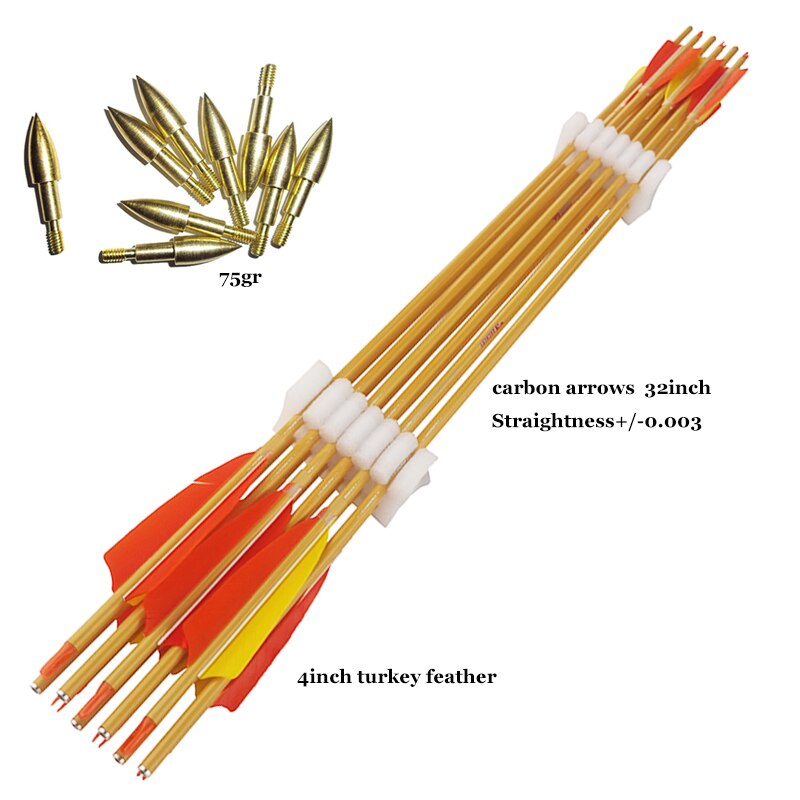 12-Pack Carbon Arrow Bamboo Skin Shafts Spine300-900 ID6.2mm 4'' Turkey Vane Traditional Bow