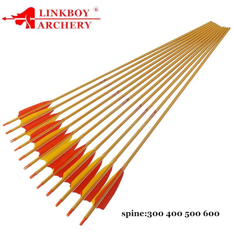 12-Pack Carbon Arrow Bamboo Skin Shafts Spine300-900 ID6.2mm 4'' Turkey Vane Traditional Bow