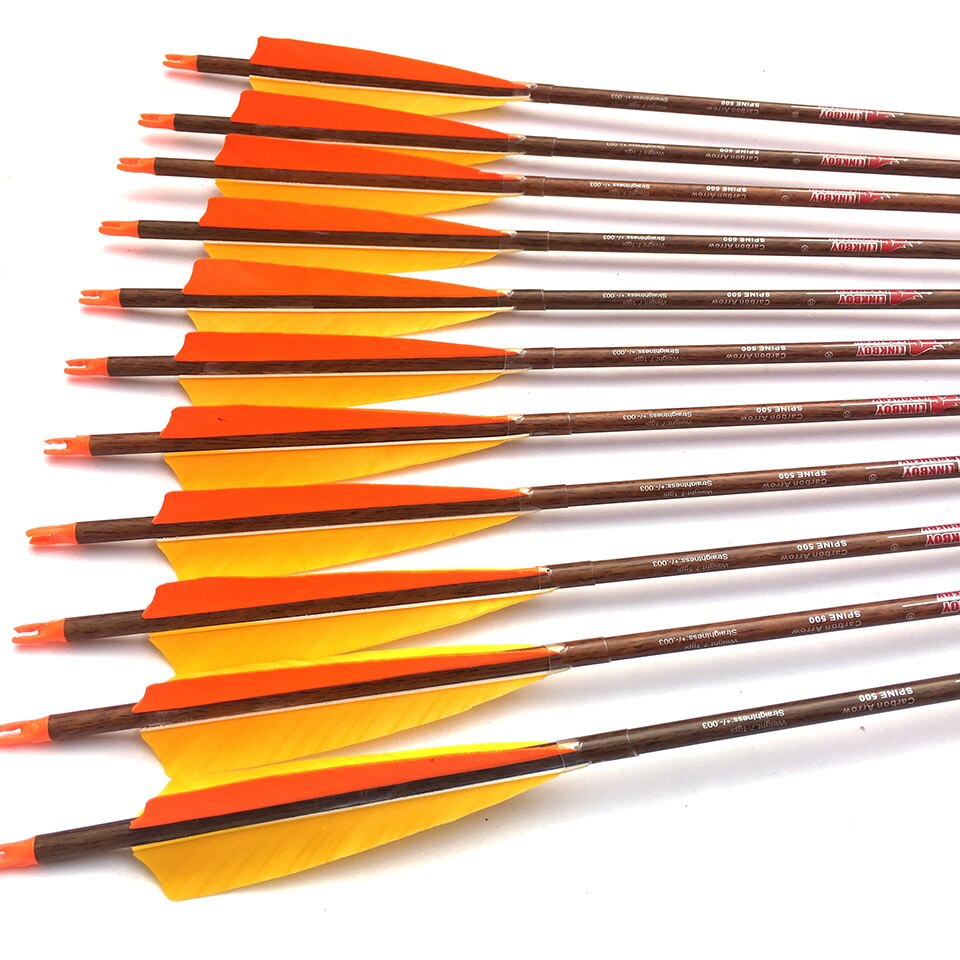 Carbon Arrows Wood Skin ID6.2mm Sp300-900 5'' Turkey Feather Traditional Bow 12-Pack