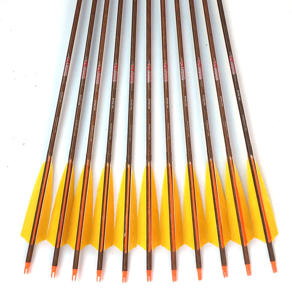 Carbon Arrows Wood Skin ID6.2mm Sp300-900 5'' Turkey Feather Traditional Bow 12-Pack