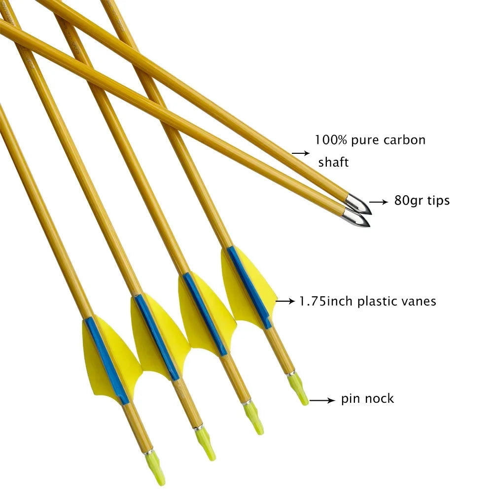 Pure Carbon Arrows Bamboo Skin, 1.75Inch, Plastic Vanes, Recurve Bow, Longbow, 12-Pack