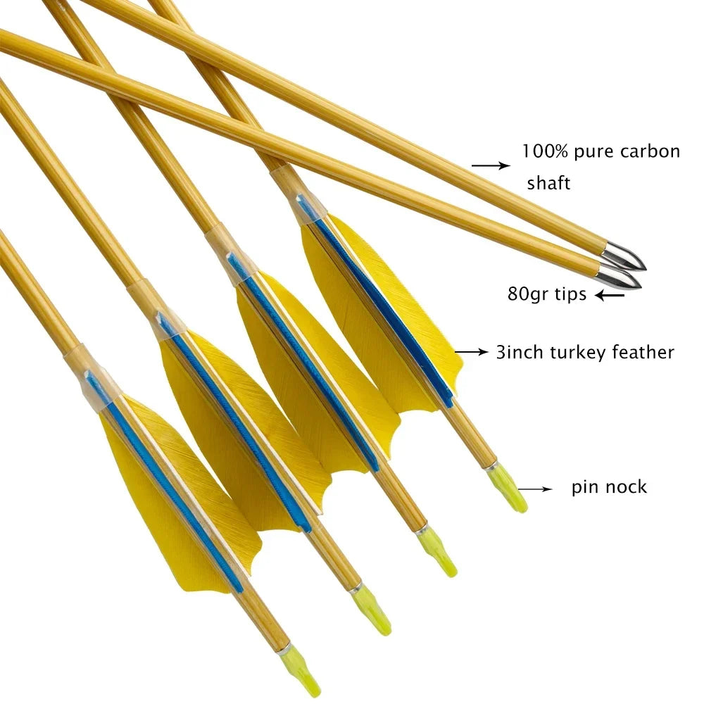 12-Pack Bamboo Skin Carbon Arrows ID4.2mm Spine 600 700 900 3" Turkey Feather 80gr