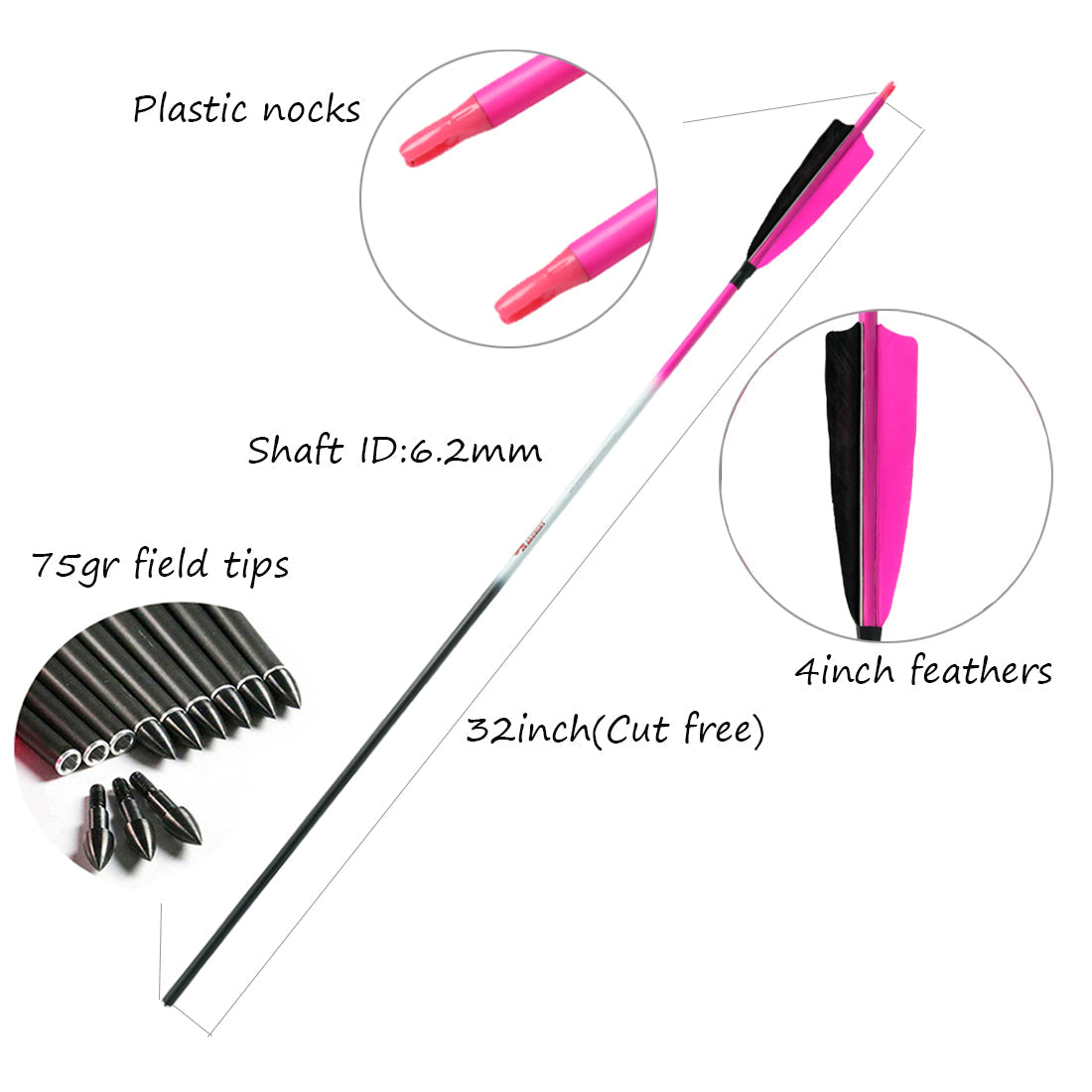 12-Pack Pink Color Pure Carbon Arrows Spine300-800 4inch Turkey Feather 75gr Tips Compound Bow