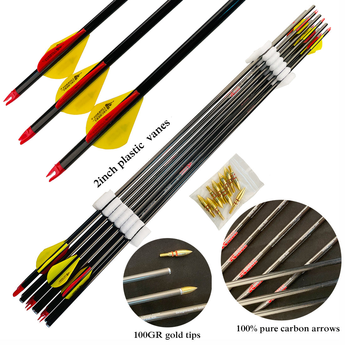 12-Pack Pure Carbon Arrows ID6.2mm, Spine 250-800, 30/32", 2" Vanes, 100gr Tips, Compound Bow