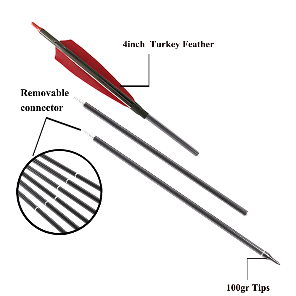 6-Pack Take-Down Carbon Arrows Spine500 5inch Turkey Feather, Aluminum Insert Compound Bow