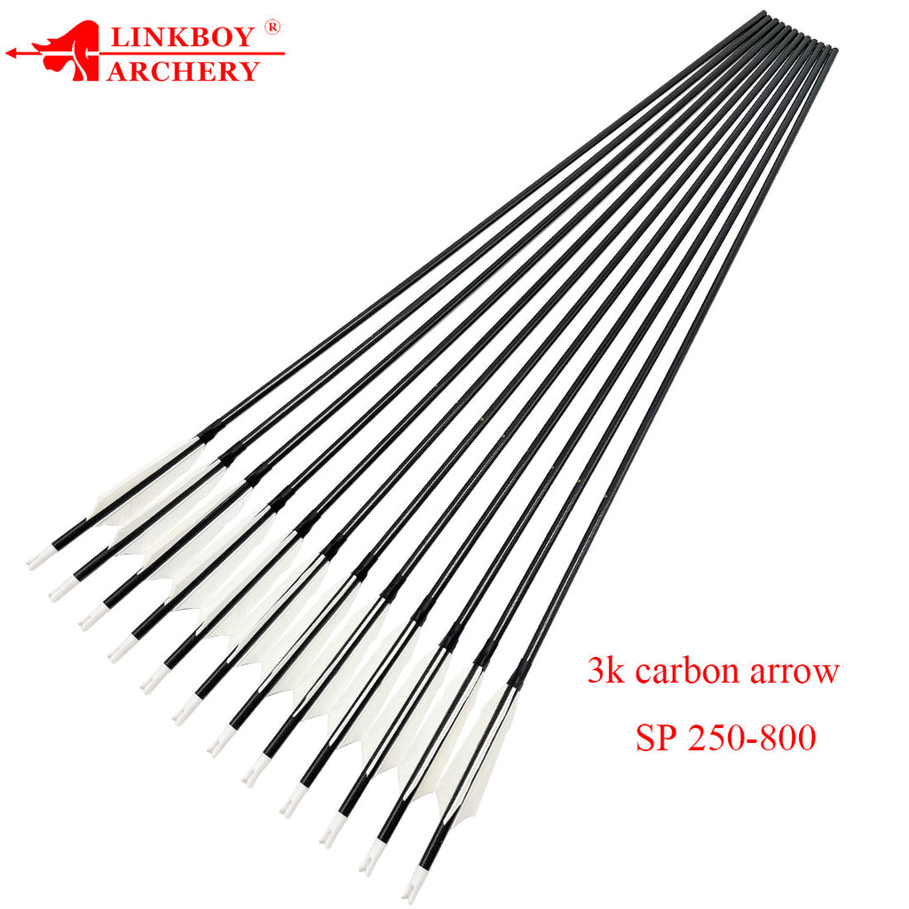 12-Pack 3k Carbon Arrow Spine500 32inch ID6.2mm with 4inch Turkey Feather Y Nock Compound