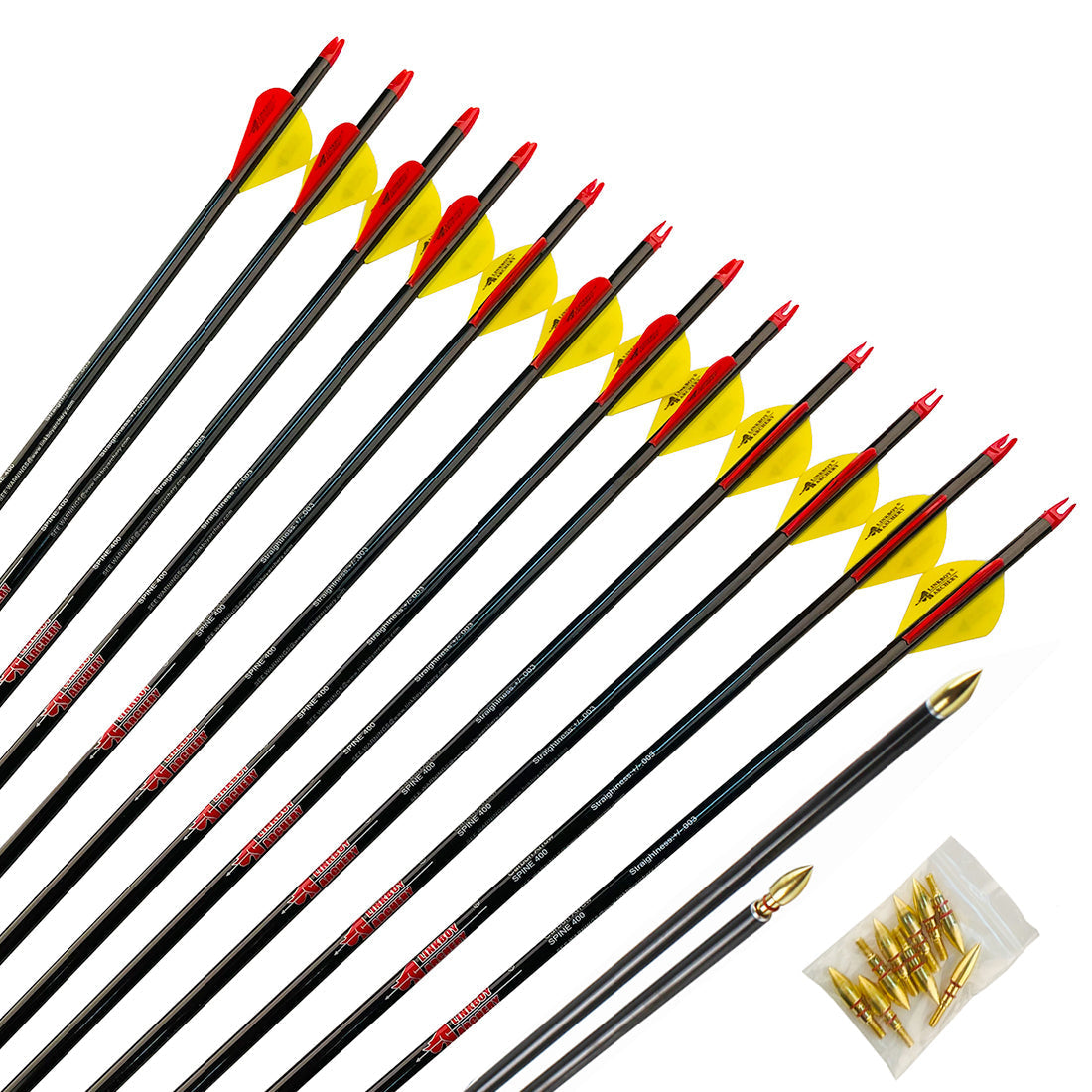 12-Pack Pure Carbon Arrows ID6.2mm, Spine 250-800, 30/32", 2" Vanes, 100gr Tips, Compound Bow