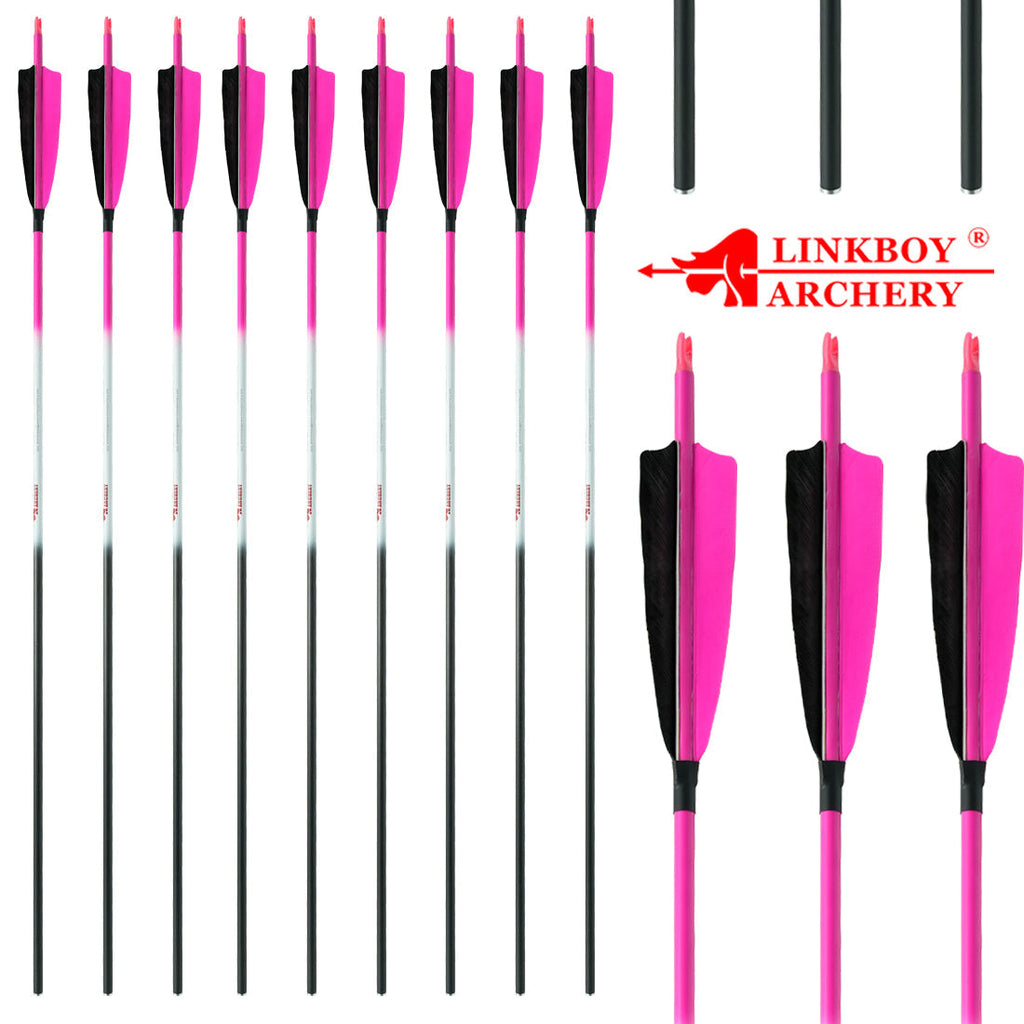 12-Pack Pink Color Pure Carbon Arrows Spine300-800 4inch Turkey Feather 75gr Tips Compound Bow