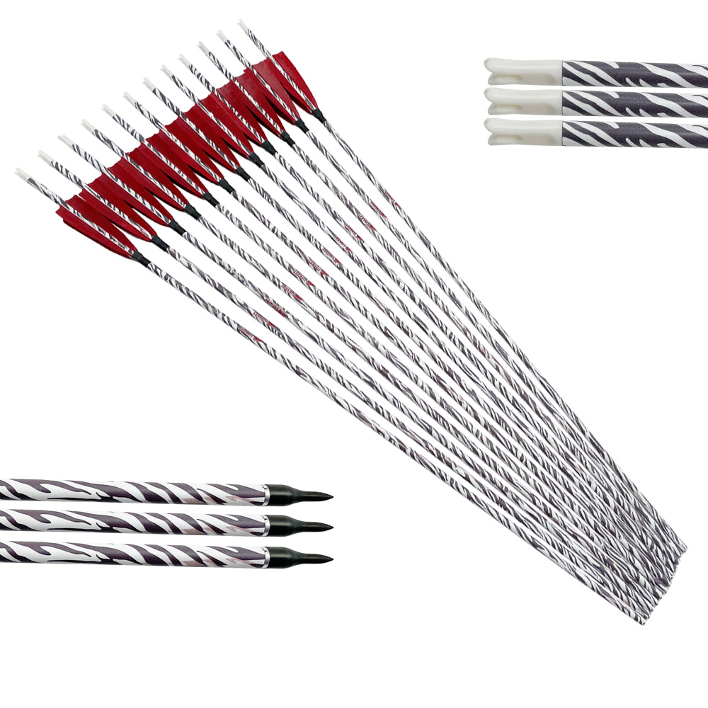 12pc ID6.2mm 32Inch Pure Carbon Fast 4-Pack Feathers Sp340 400 600 Zebra Skin Arrows