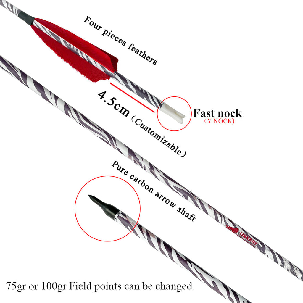 12pc ID6.2mm 32Inch Pure Carbon Fast 4-Pack Feathers Sp340 400 600 Zebra Skin Arrows