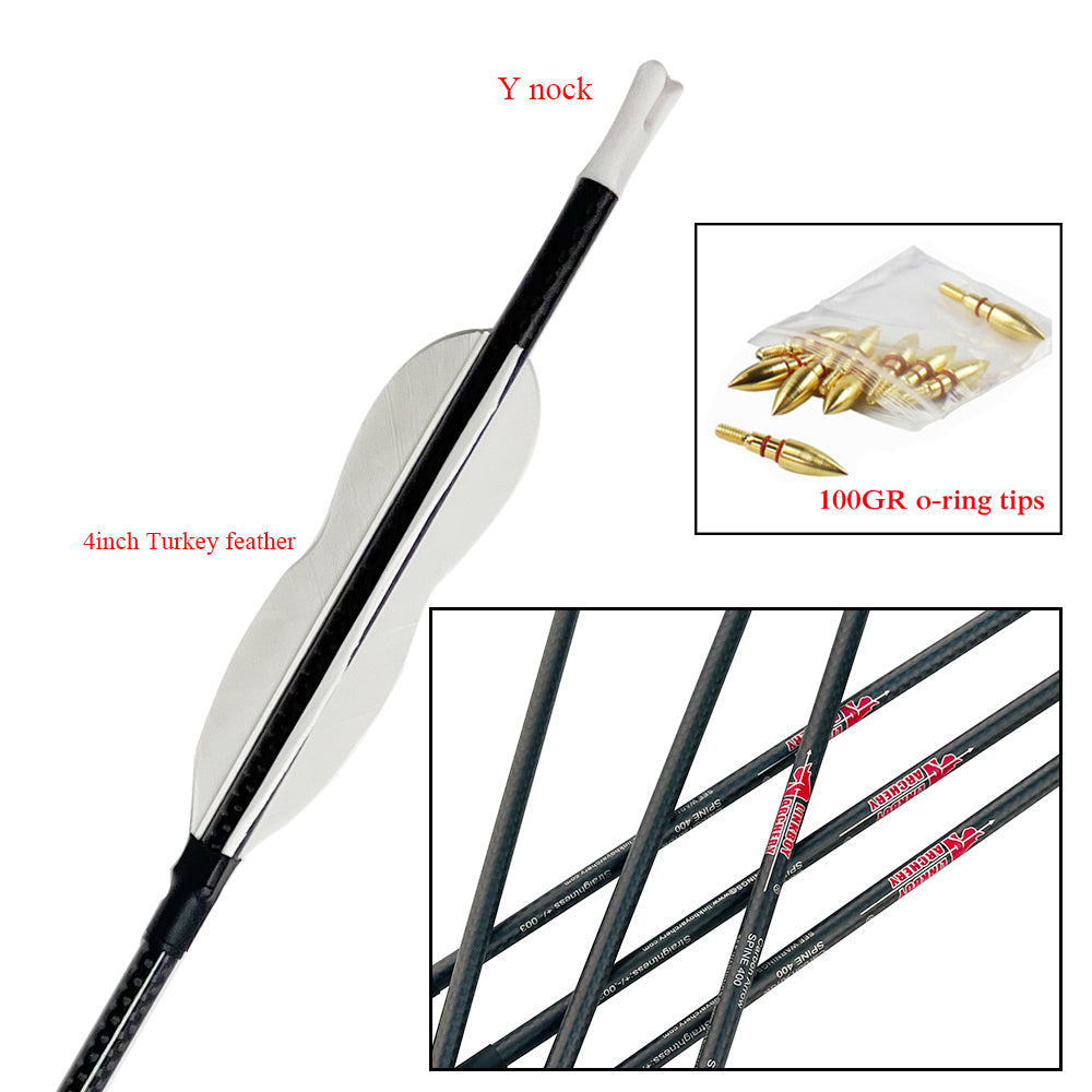 12-Pack 3k Carbon Arrow Spine500 32inch ID6.2mm with 4inch Turkey Feather Y Nock Compound